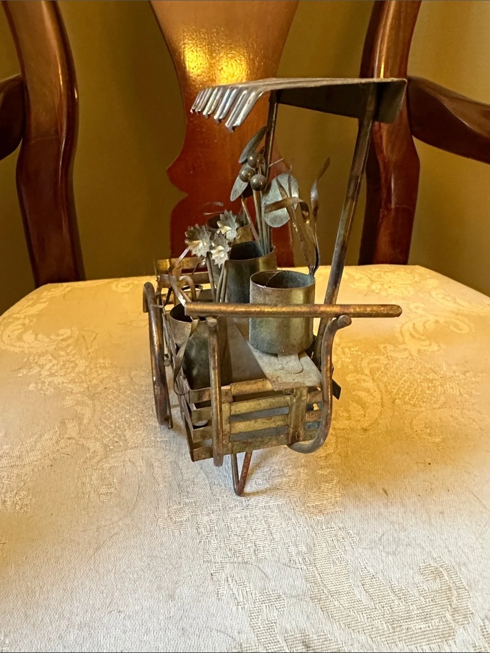 Vintage copper and brass 3D flower cart, wagon w/buckets of flowers